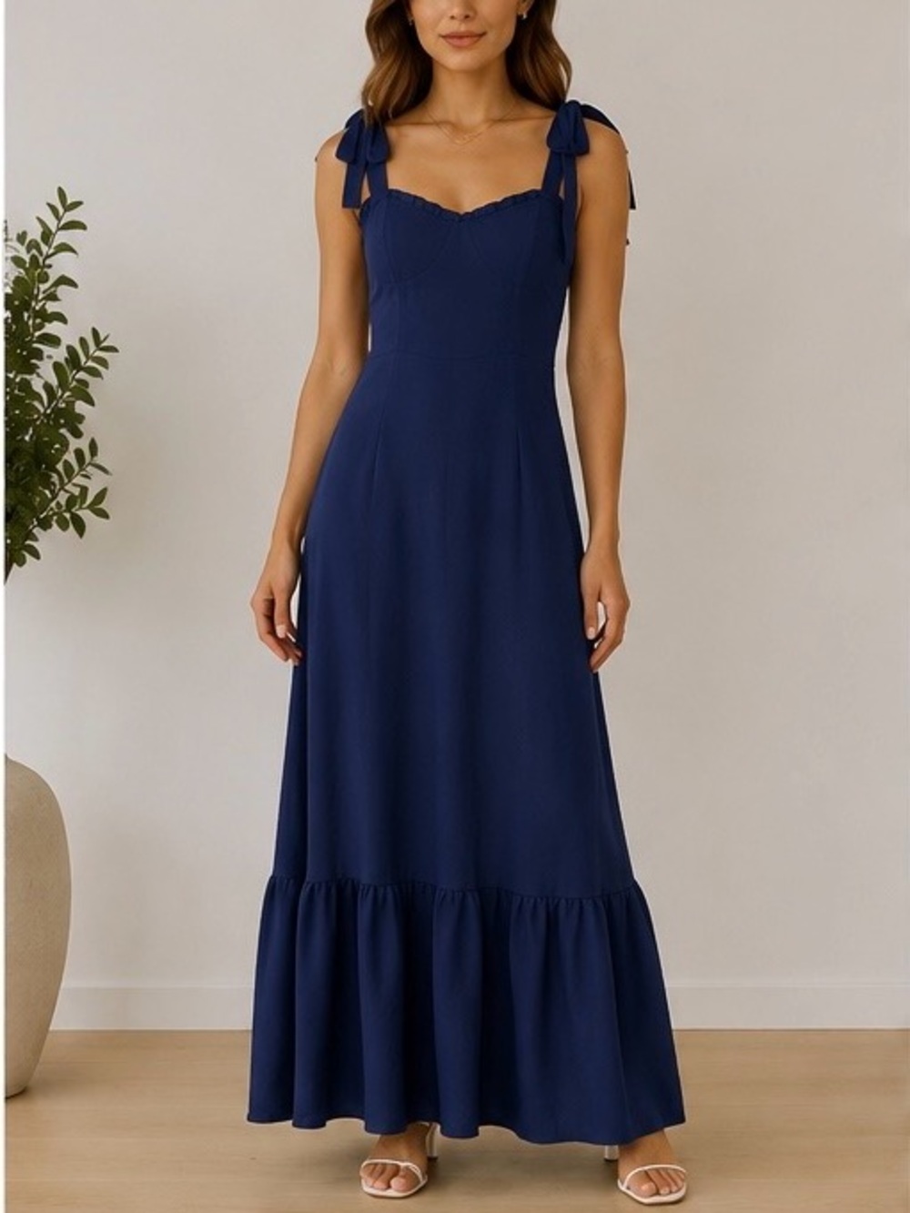 Deep Navy Tie-Strap Maxi Dress – Size L (Fits Like S)